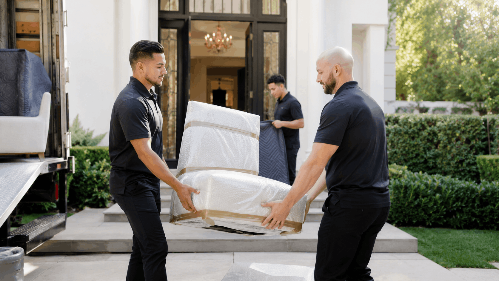 Two Popeye Moving crew members carrying wrapped furniture outside luxury Los Angeles home