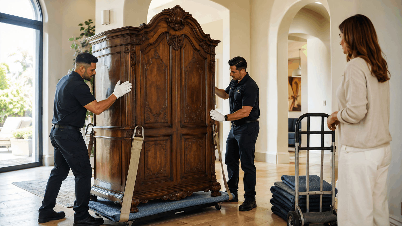Two professional movers carefully transporting ornate antique wooden armoire in Los Angeles home