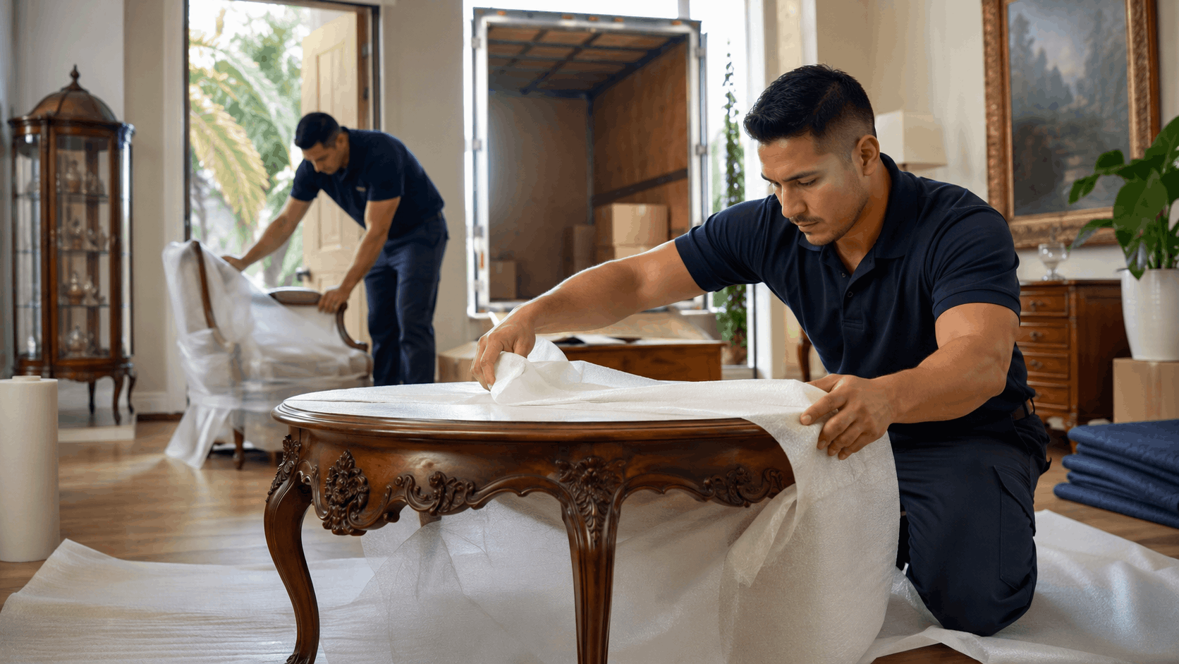 Professional movers carefully wrapping ornate antique wooden table with protective padding