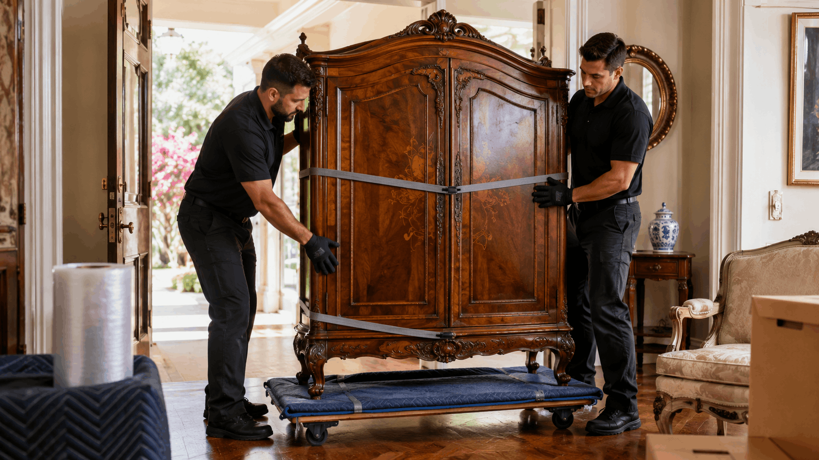 Two professional movers carefully transporting ornate antique wooden armoire on dolly