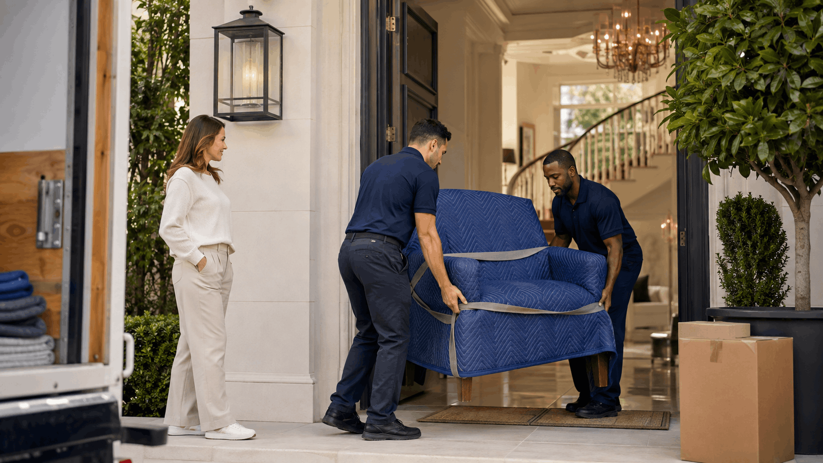 Two professional movers carefully carrying wrapped armchair into luxury Los Angeles home