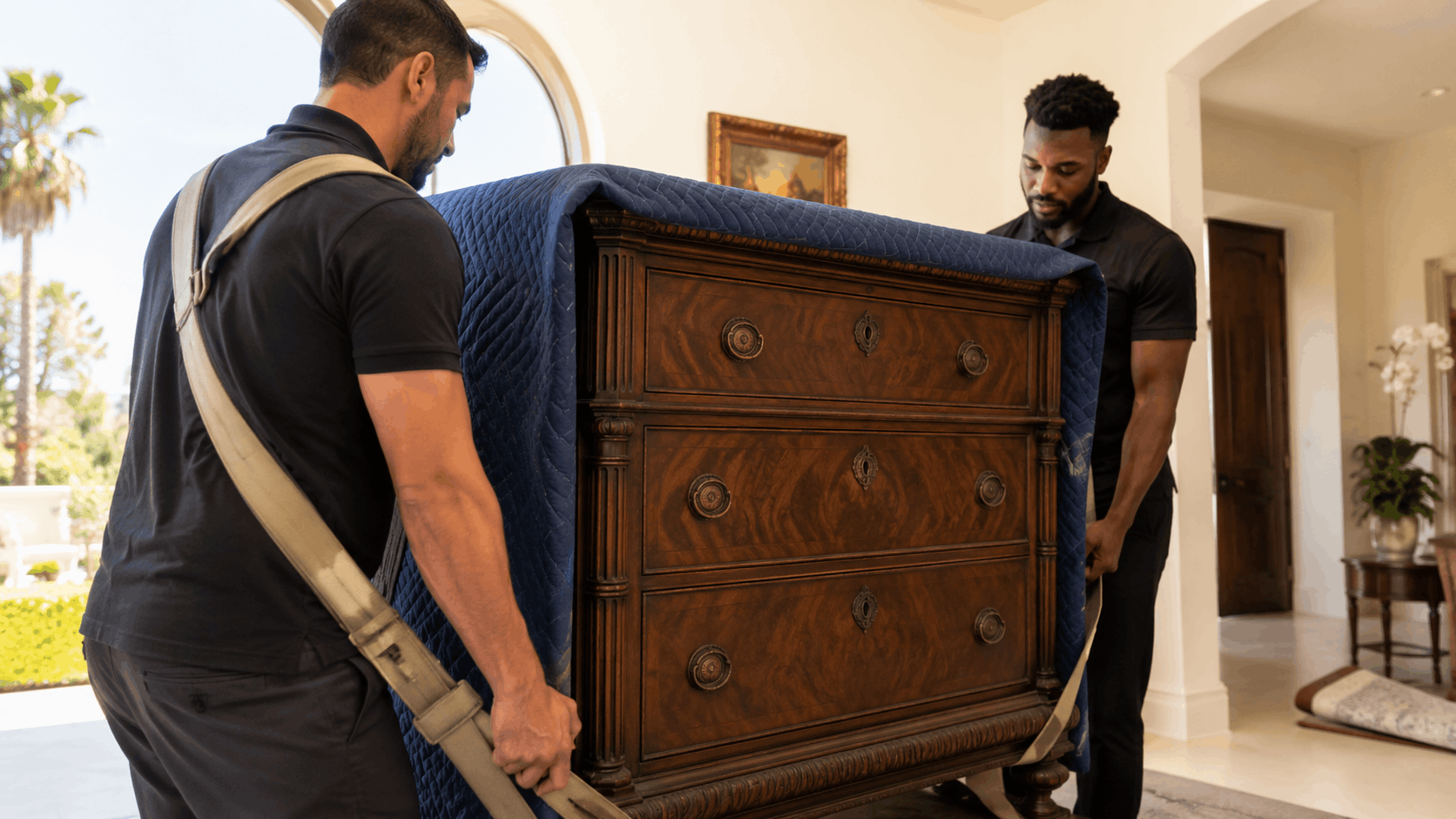 Two professional Popeye Moving movers carefully carrying antique wooden dresser in Los Angeles home