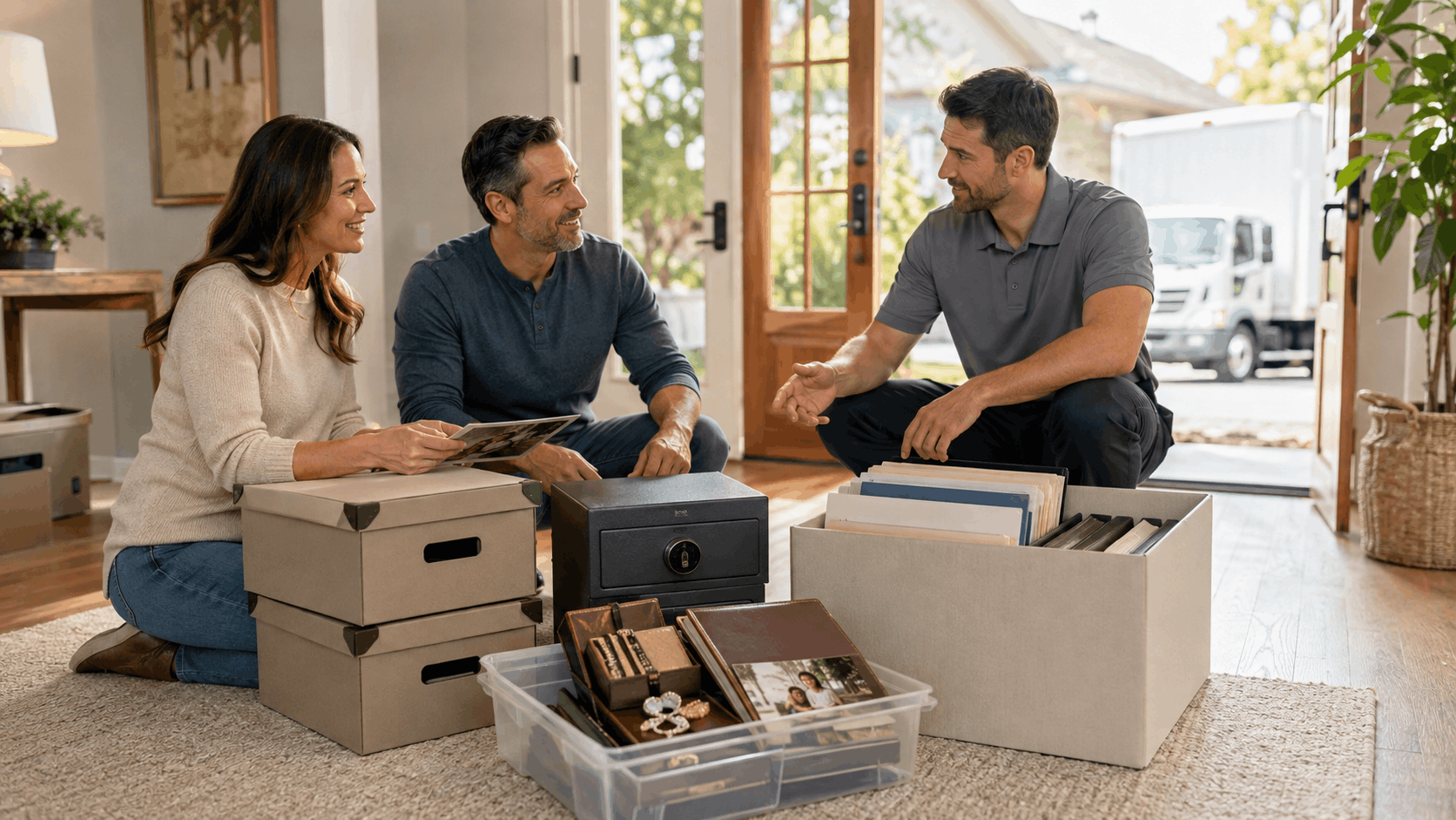 Three people sorting valuables and documents into boxes before moving during wildfire evacuation