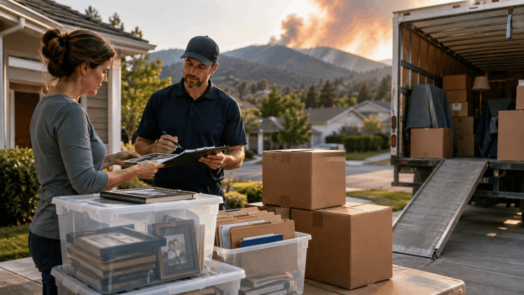 Homeowners pre-staging valuables with movers during wildfire evacuation in Los Angeles
