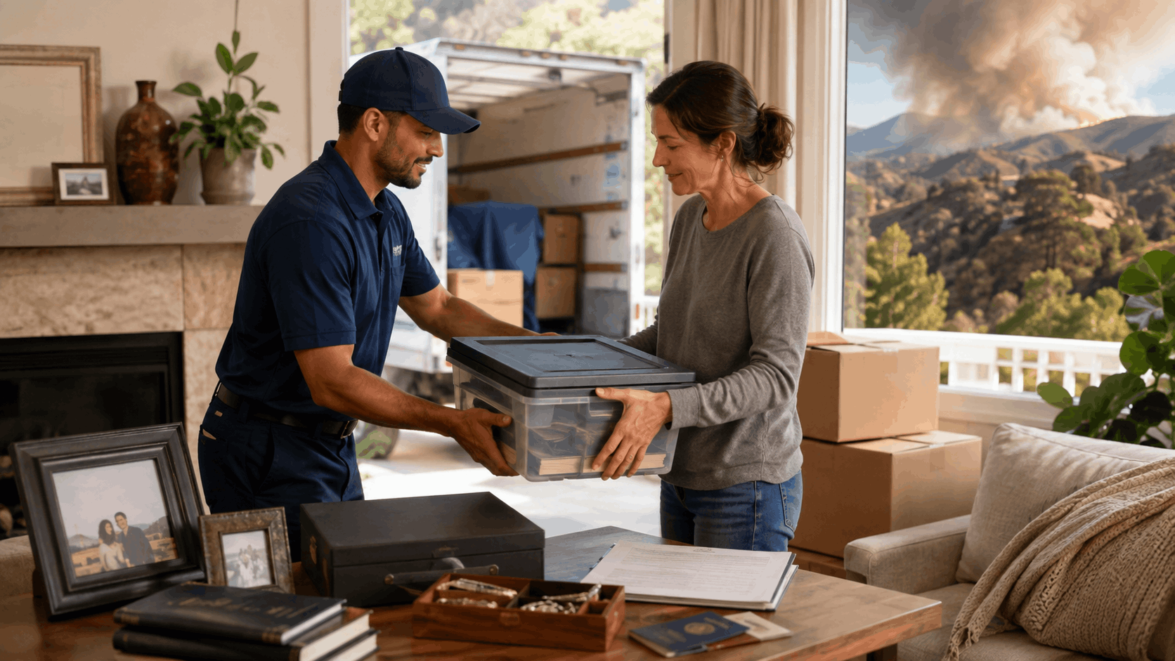 Movers helping LA homeowner pack belongings during wildfire evacuation with moving truck