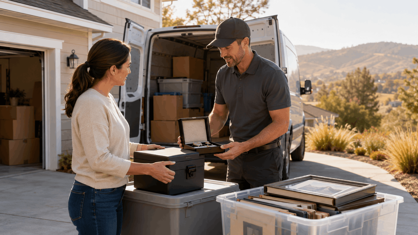 Moving company professional showing jewelry box to homeowner during Los Angeles relocation