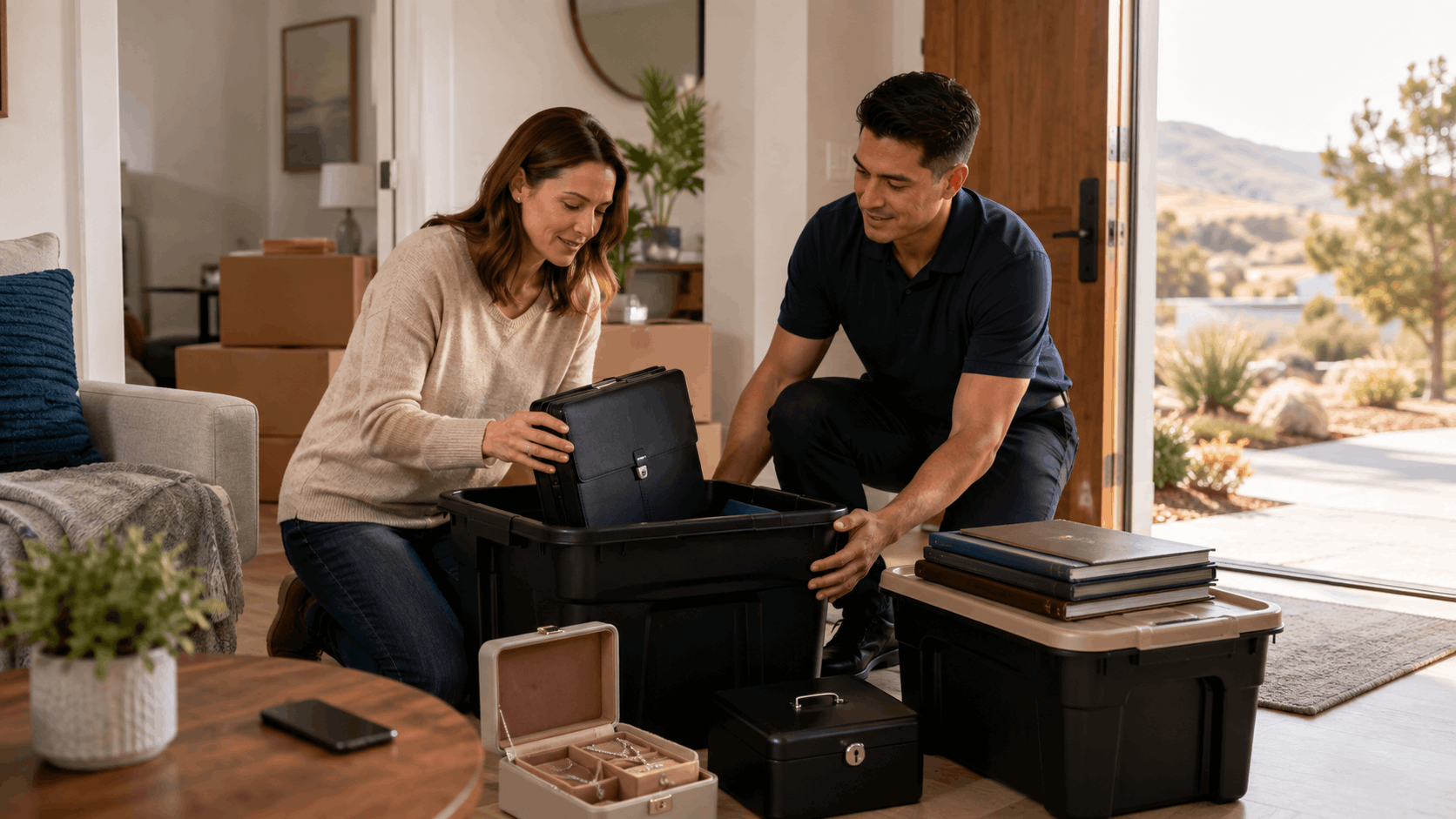 Couple organizing valuables and documents into storage bins while moving home