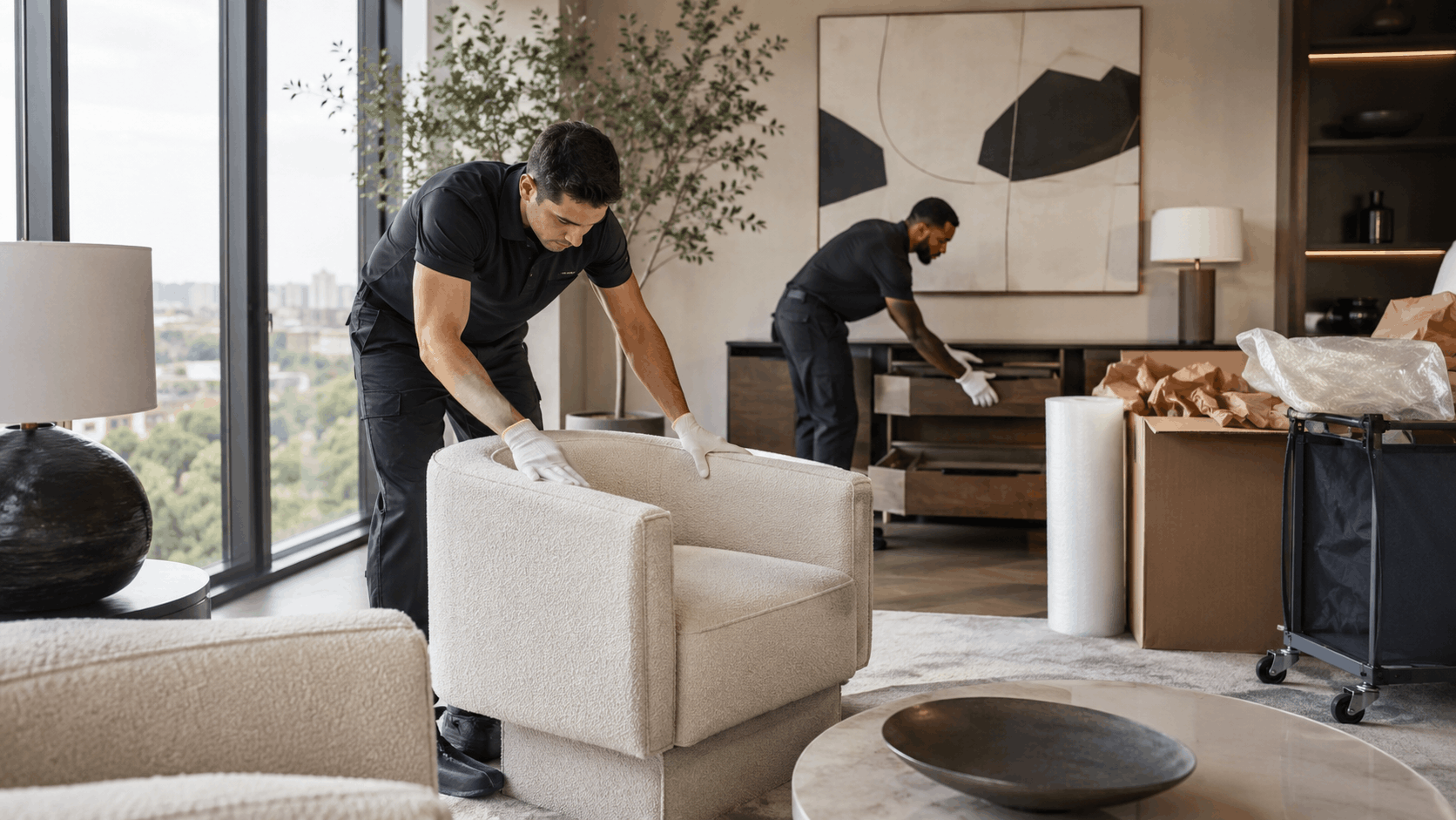Two white glove movers carefully placing cream boucle armchair in luxury Los Angeles apartment