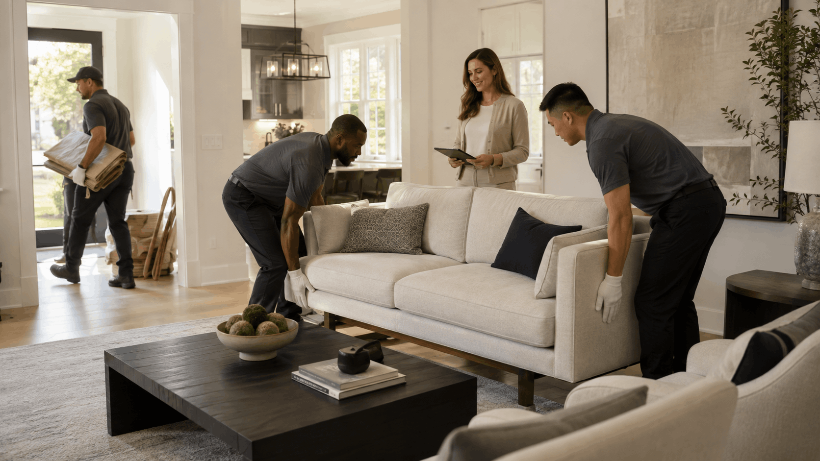 White glove movers placing sofa in luxury Los Angeles home for client