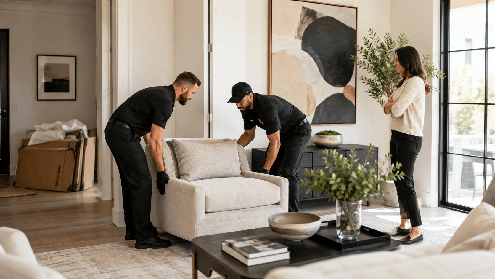 Two movers in black uniforms placing a sofa in a modern Los Angeles living room