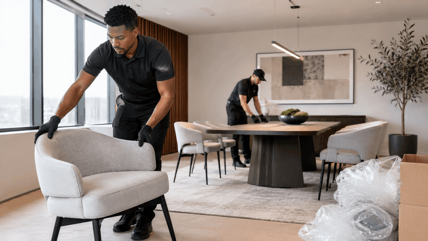 Two professional movers in black uniforms placing furniture in modern Los Angeles home