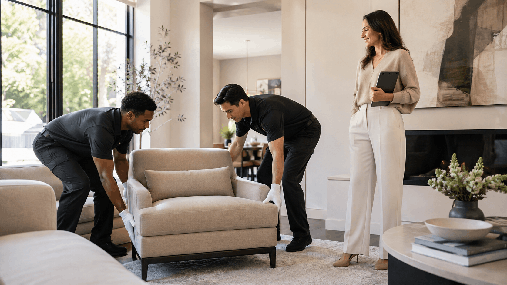 Two movers in black uniforms placing beige armchair in modern Los Angeles home