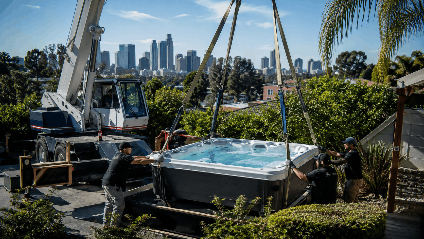 Crane lifting large hot tub over Los Angeles backyard with downtown skyline visible