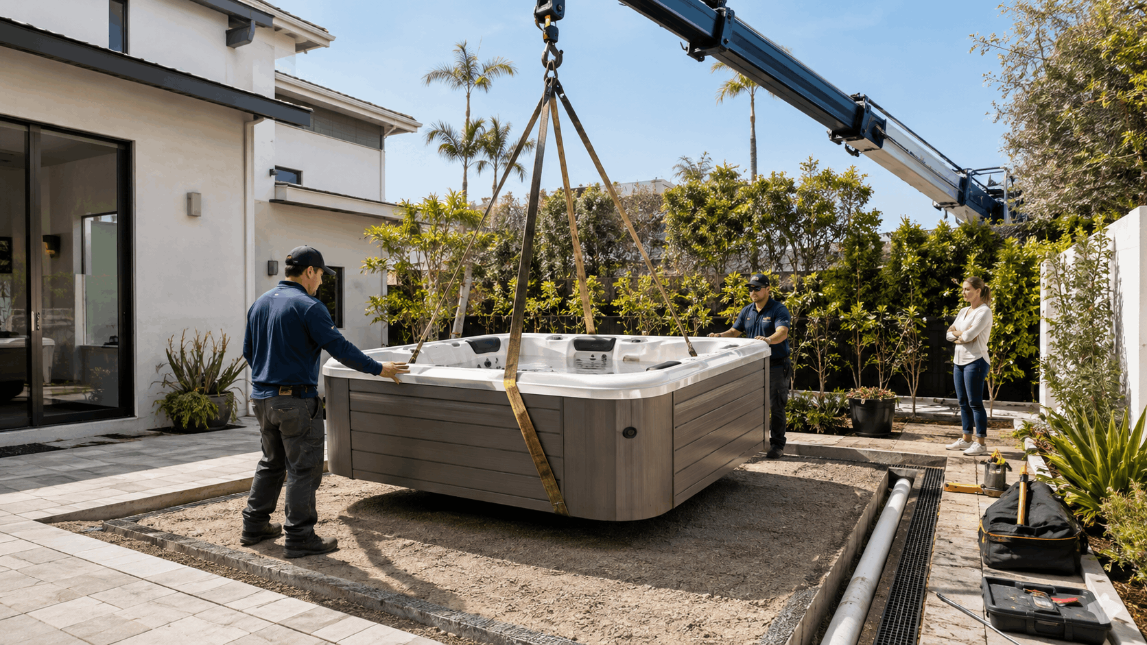 Hot tub being crane-lifted into Los Angeles backyard by professional movers