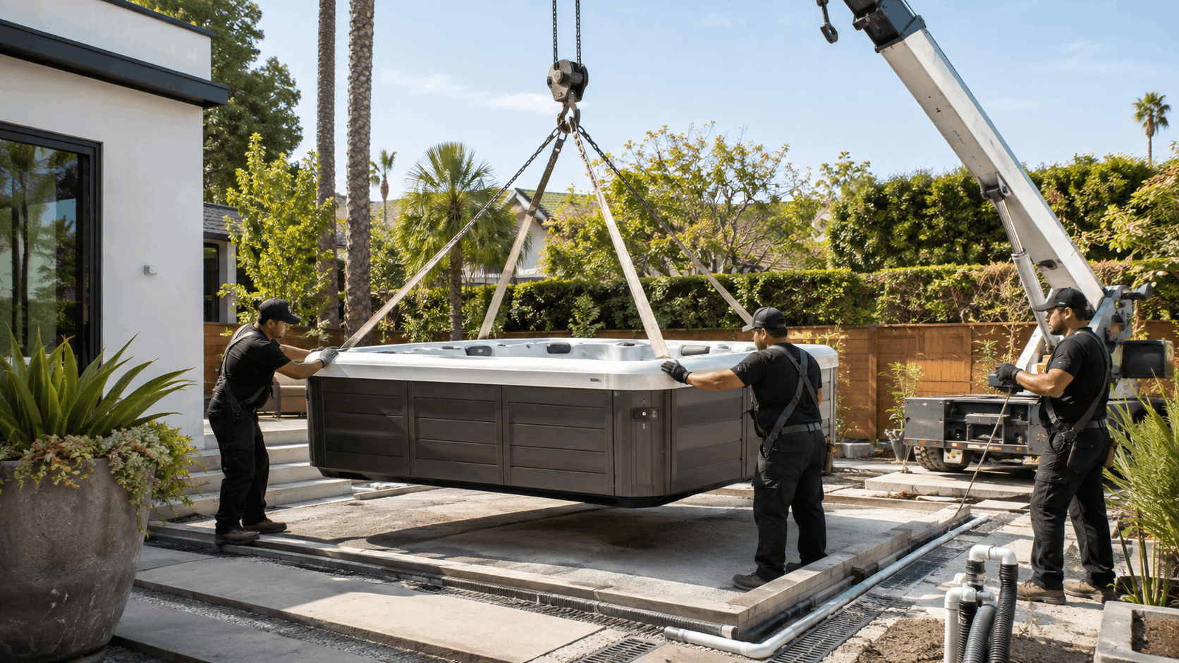 Three movers using crane to install luxury hot tub at Los Angeles residential property