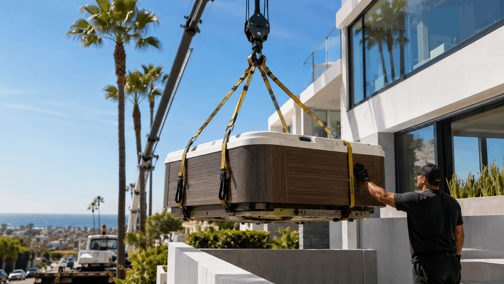 Crane lifting hot tub over luxury Los Angeles home during professional moving service