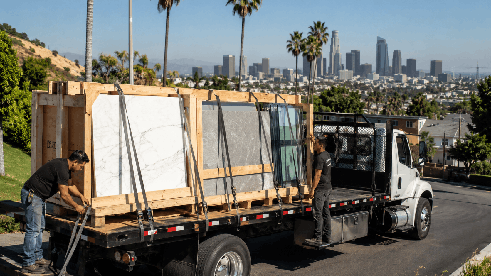 Two movers unloading large marble and stone slabs from flatbed truck in Los Angeles