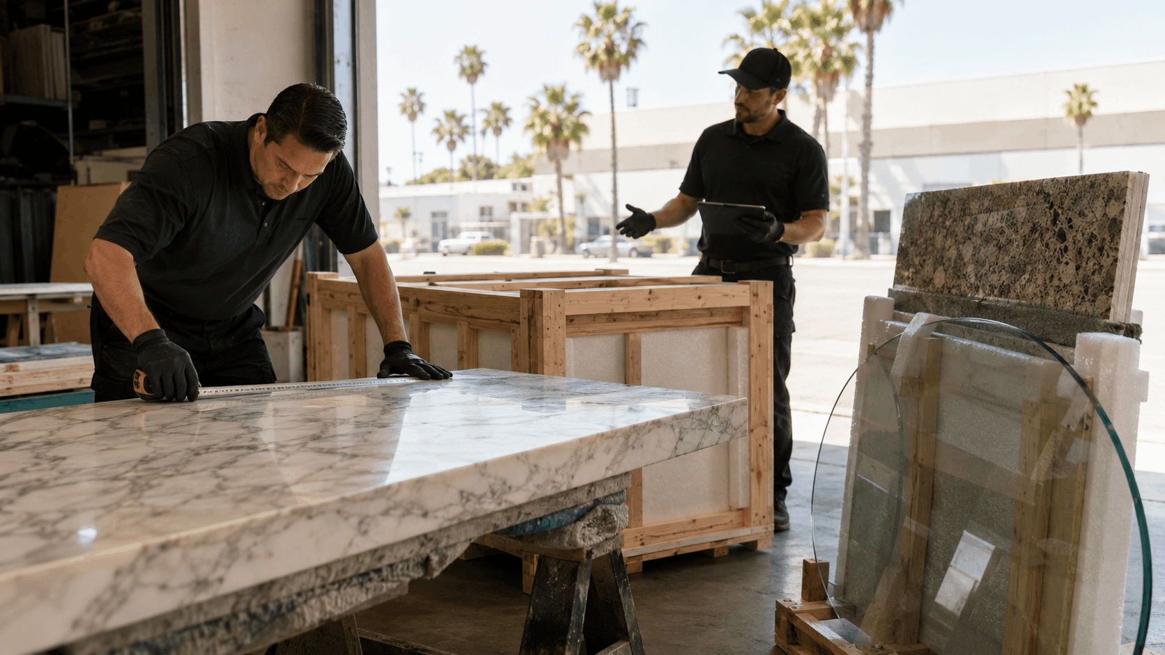 Two movers measuring and inspecting marble countertop with custom wooden crates nearby