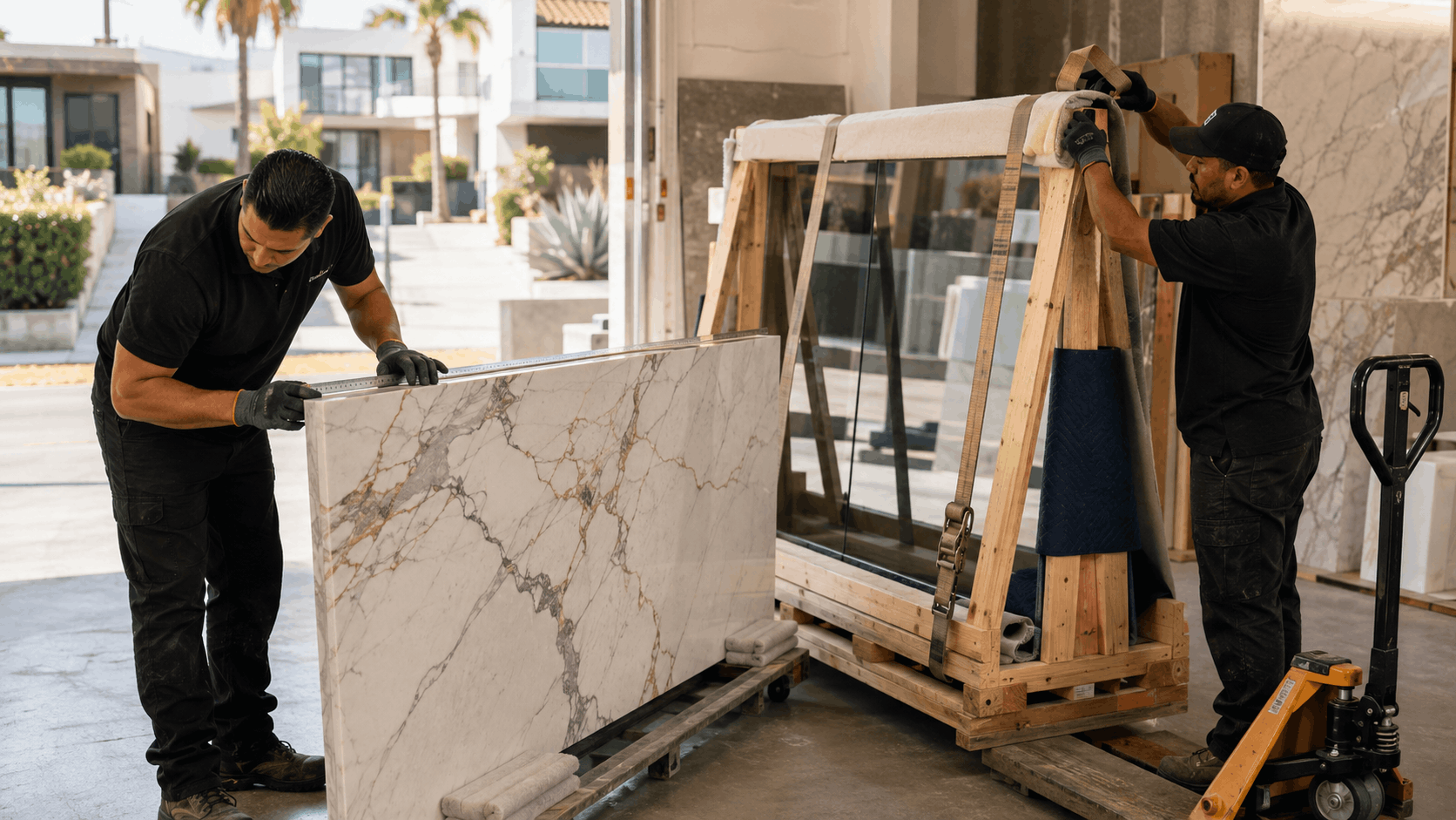 Two movers handling large marble stone slabs at Los Angeles delivery location