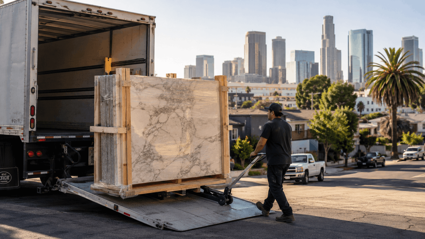 Worker unloading large marble slab on pallet jack from delivery truck in Los Angeles