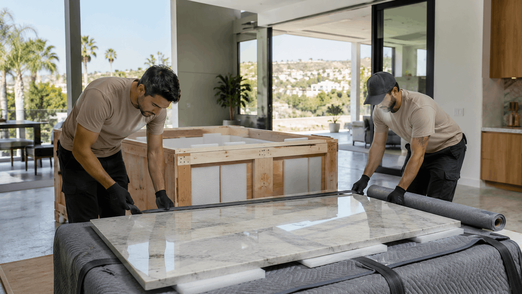 Two Popeye Moving workers carefully unboxing and wrapping large marble slabs in luxury Los Angeles home