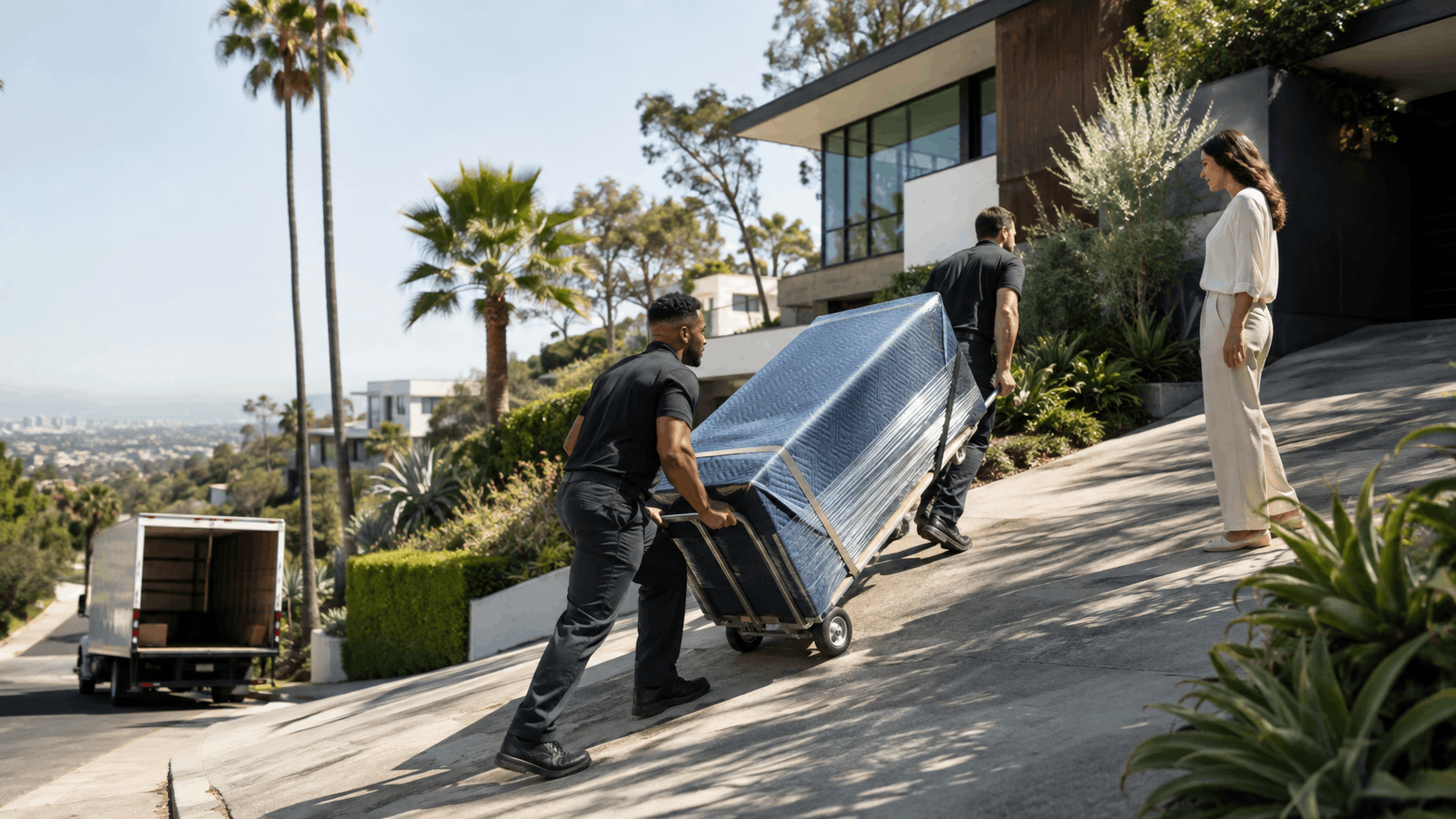 Two professional movers hauling wrapped furniture up steep Los Angeles hillside driveway