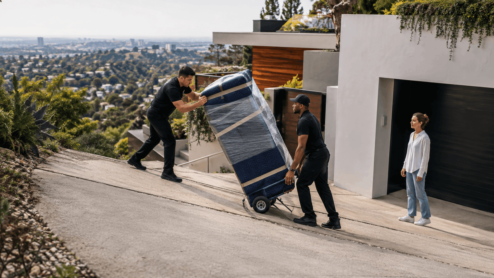 Two movers delivering wrapped mattress up steep Los Angeles hillside driveway
