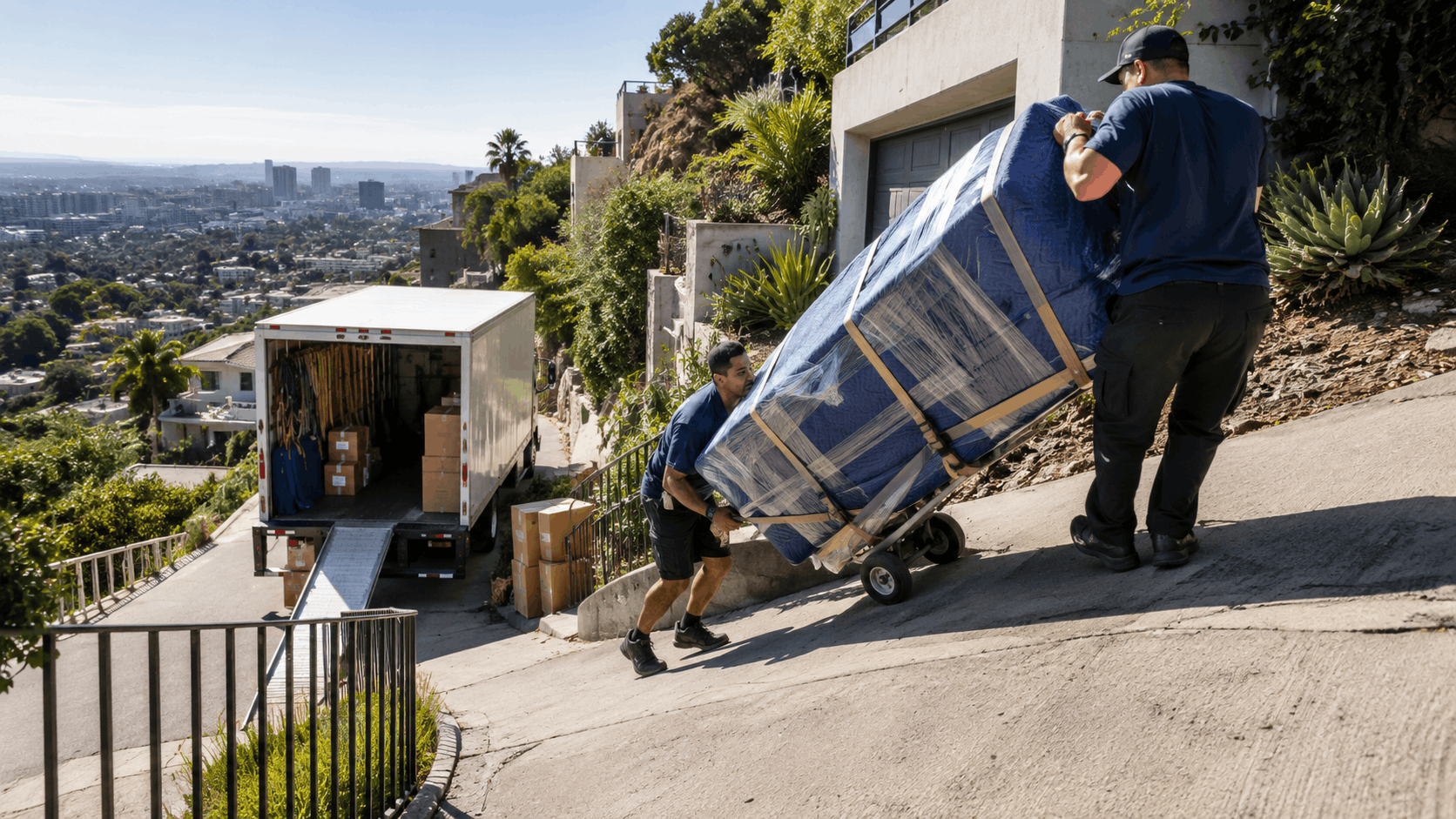 Two Popeye Moving workers hauling wrapped furniture up steep Los Angeles hillside driveway