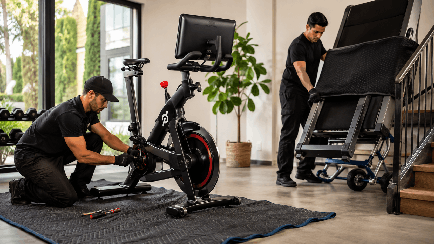 Two movers in black uniforms assembling Peloton bike and moving treadmill indoors