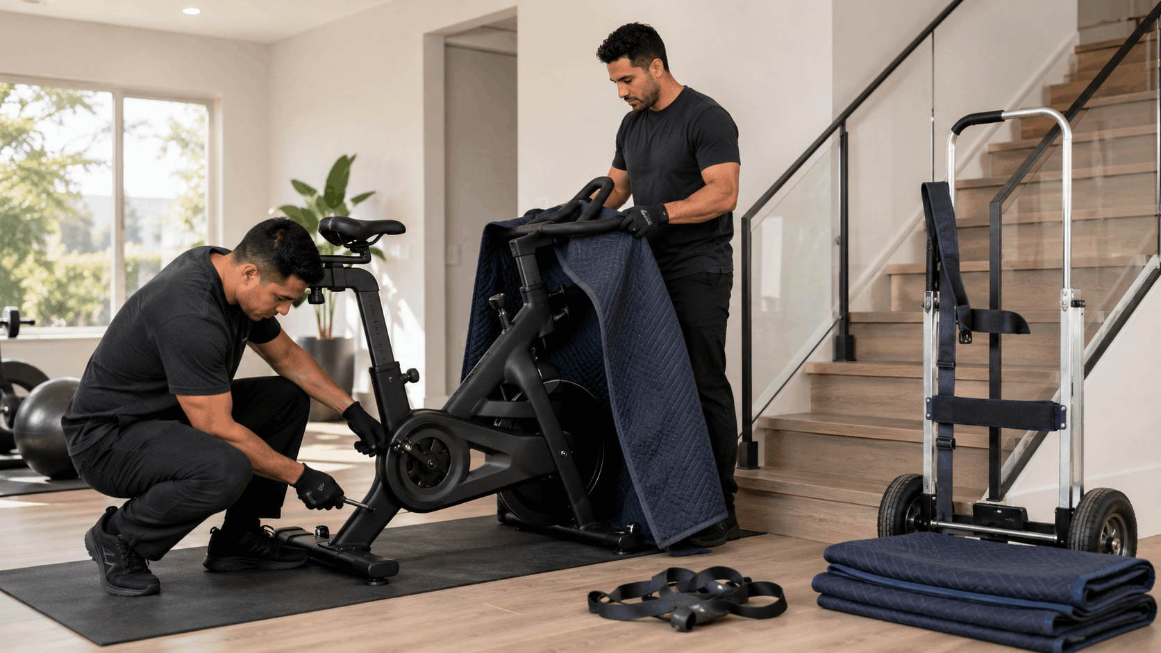 Two movers in black assembling and wrapping a stationary bike near stairs