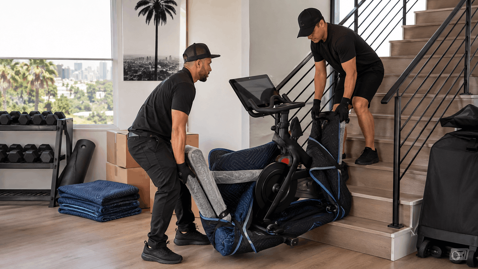 Two movers in black carefully carrying padded exercise bike down stairs