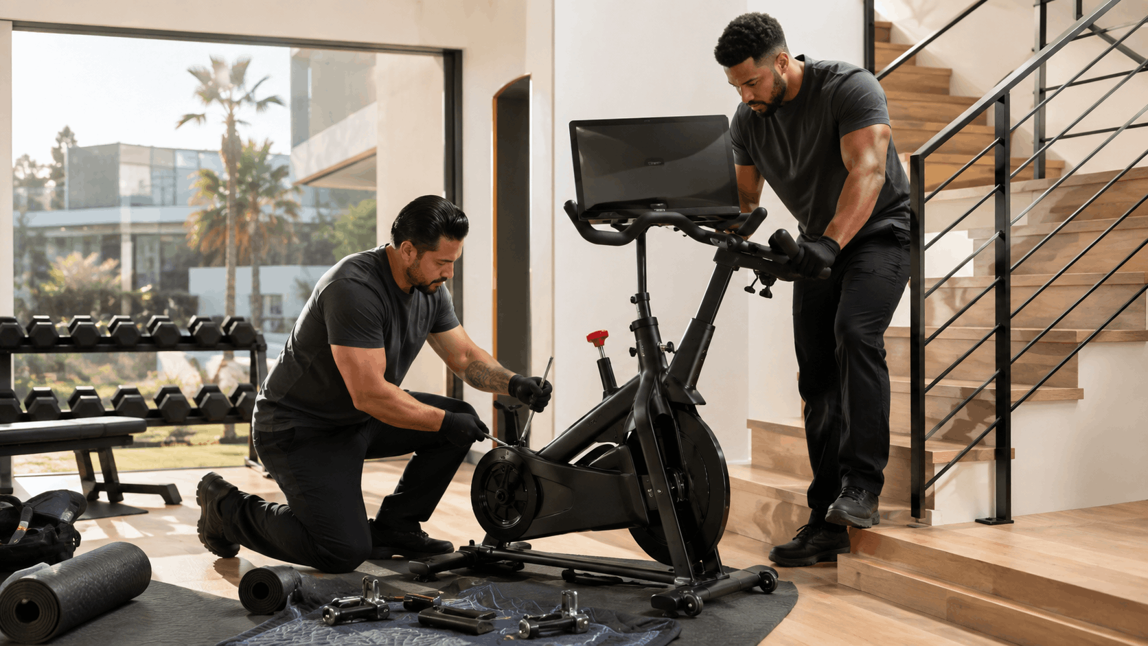 Two movers assembling a Peloton exercise bike in a luxury Los Angeles home