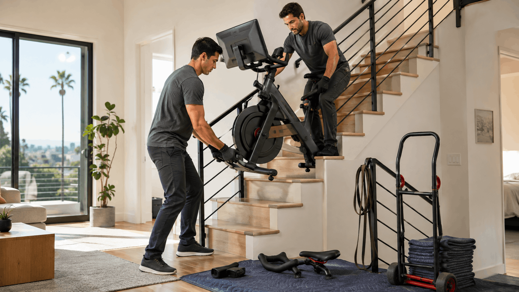 Two movers carefully carrying a Peloton exercise bike down residential staircase in Los Angeles home