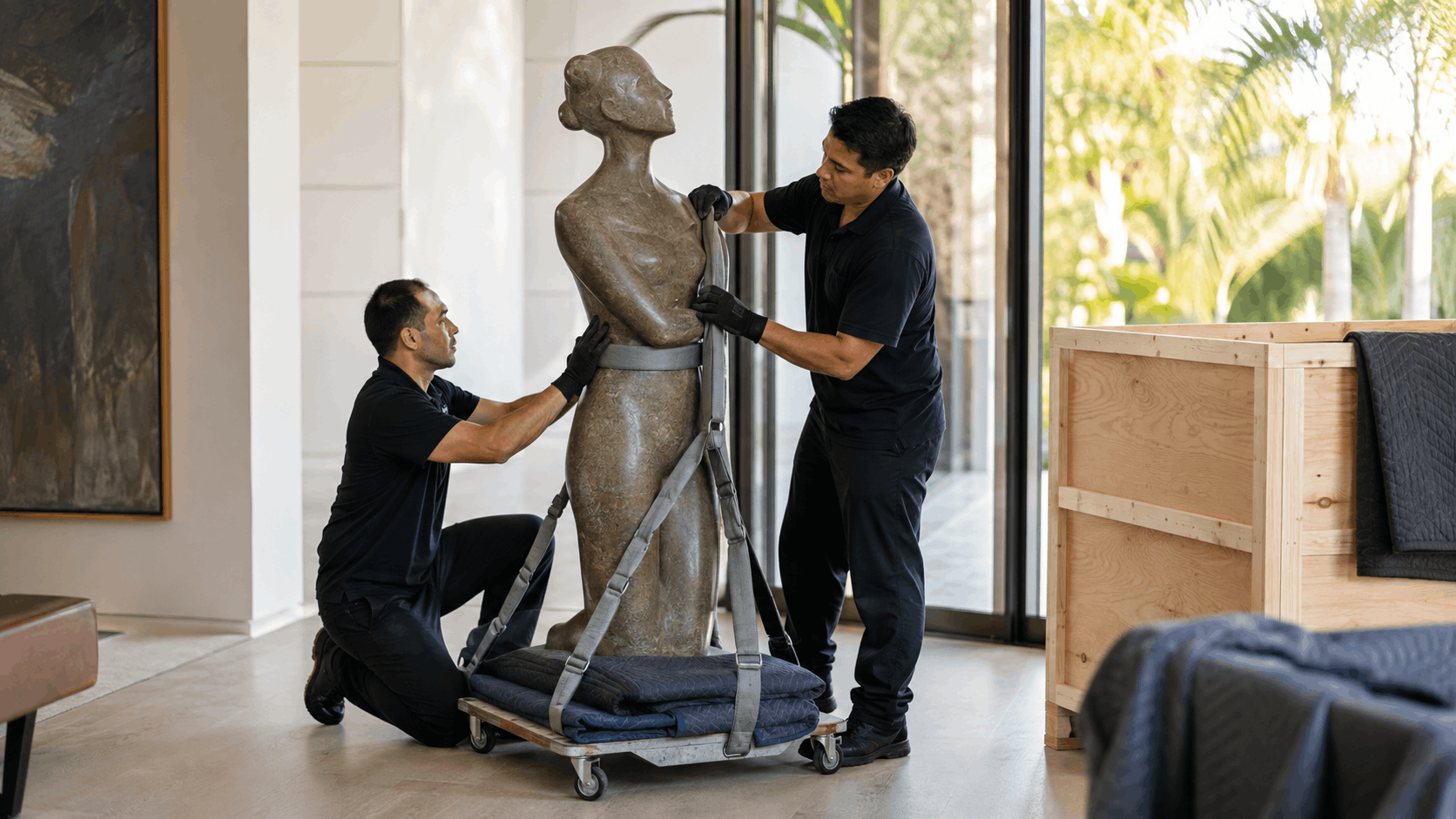Two art movers carefully securing large stone figurative sculpture onto wheeled dolly