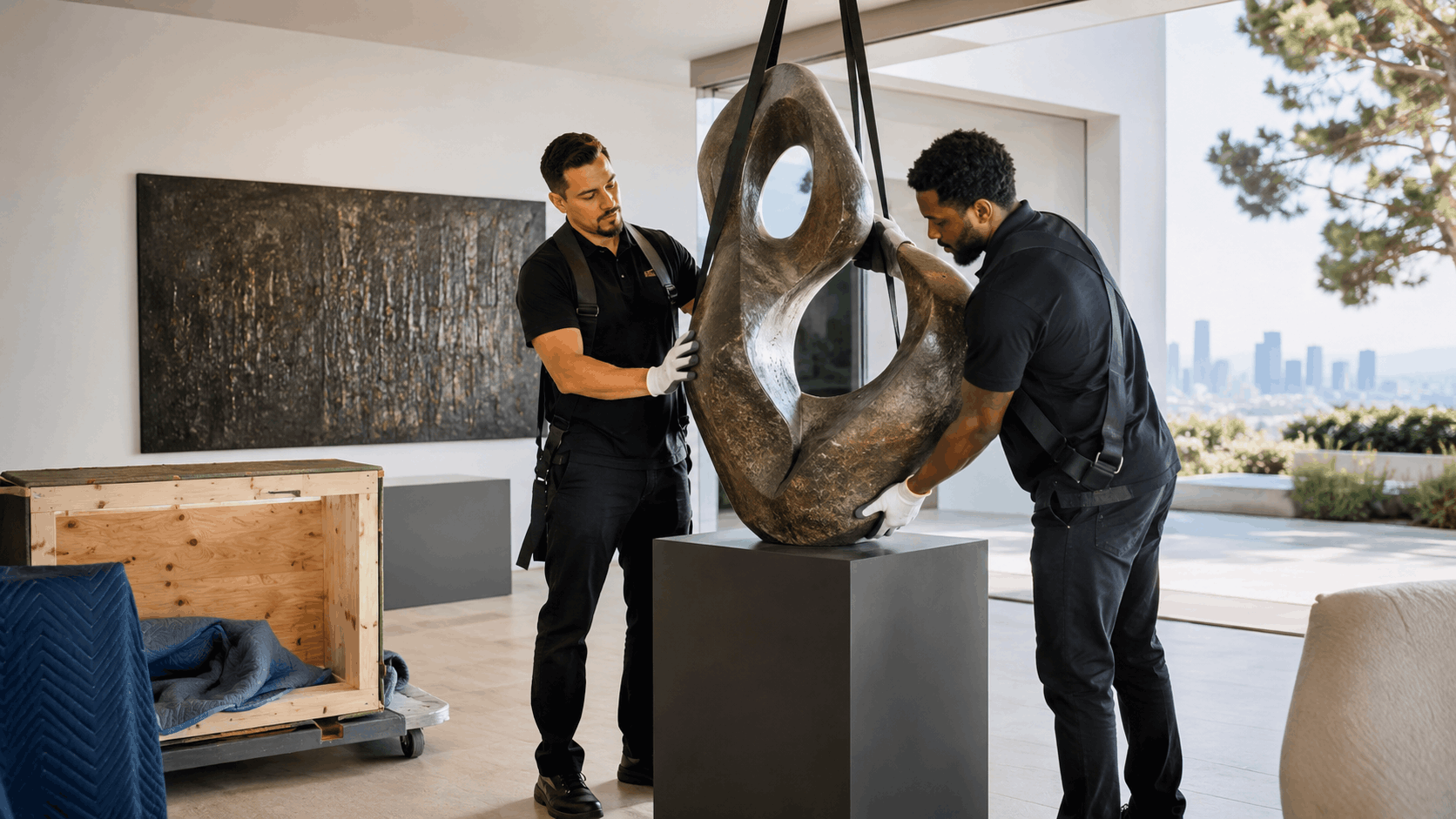Two art handlers carefully moving a large bronze abstract sculpture in luxury Los Angeles home