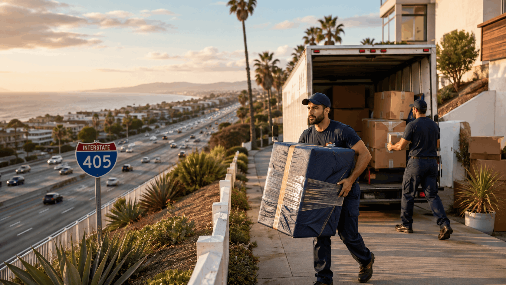 Professional movers unloading wrapped furniture near Interstate 405 in Los Angeles