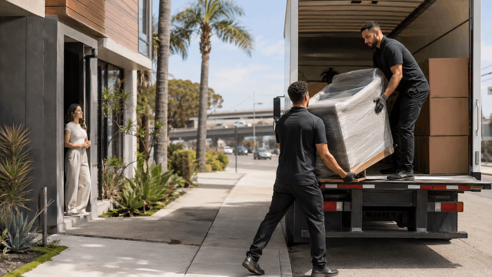 Two movers unloading wrapped furniture from truck at modern Los Angeles home