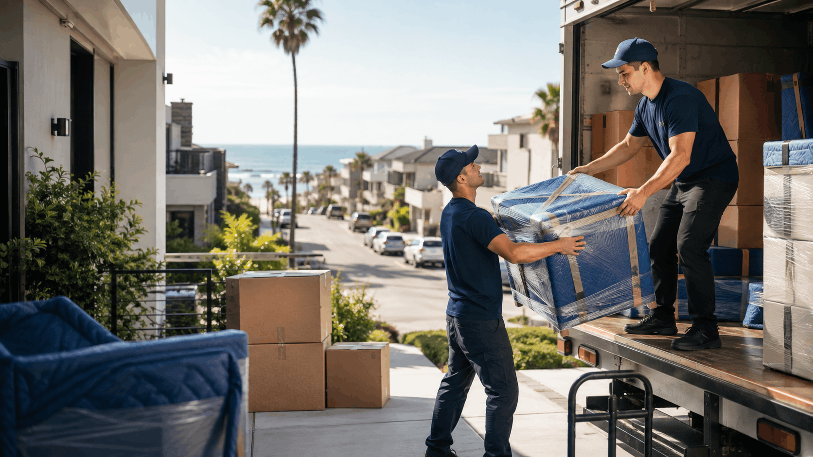 Two professional movers unloading wrapped furniture from truck in Los Angeles beach neighborhood