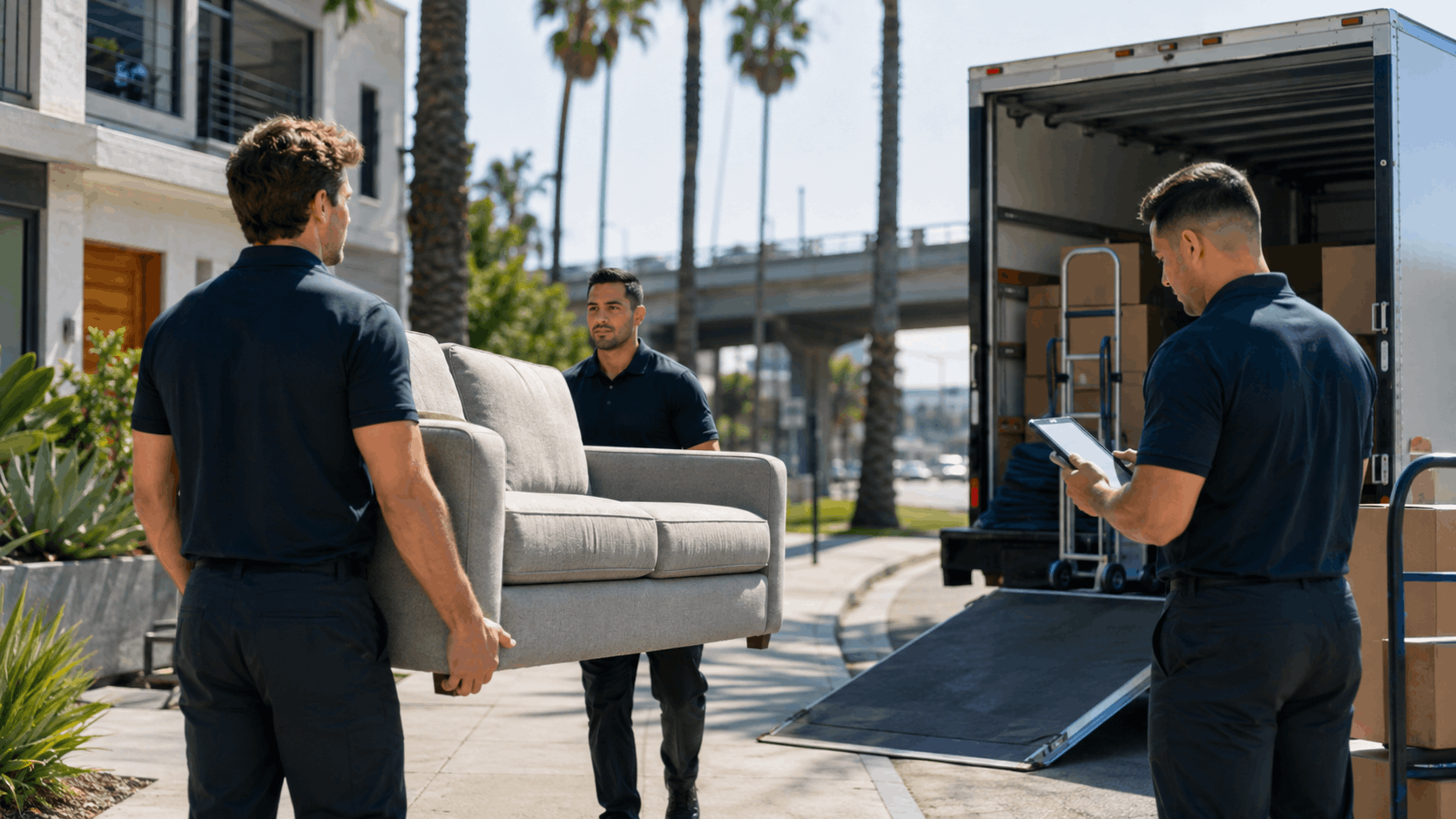 Professional movers carrying gray sofa into moving truck on sunny Los Angeles Westside street