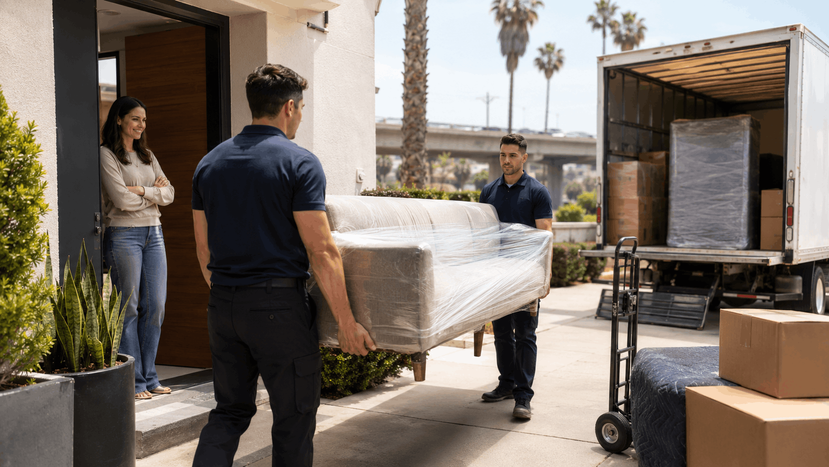 Two Popeye Moving professionals carrying wrapped sofa into Los Angeles home for customer