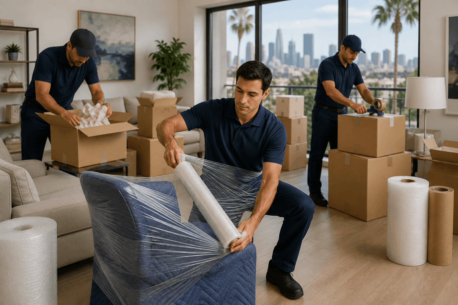 Professional Los Angeles movers wrapping furniture with stretch film during full packing service