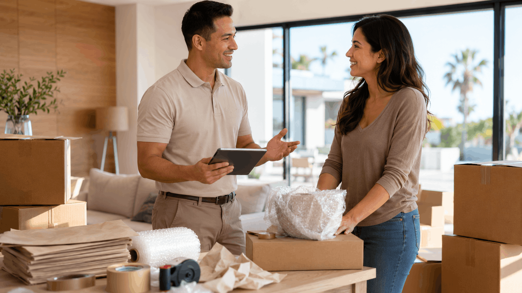 Couple discussing moving costs with tablet surrounded by packing boxes and bubble wrap