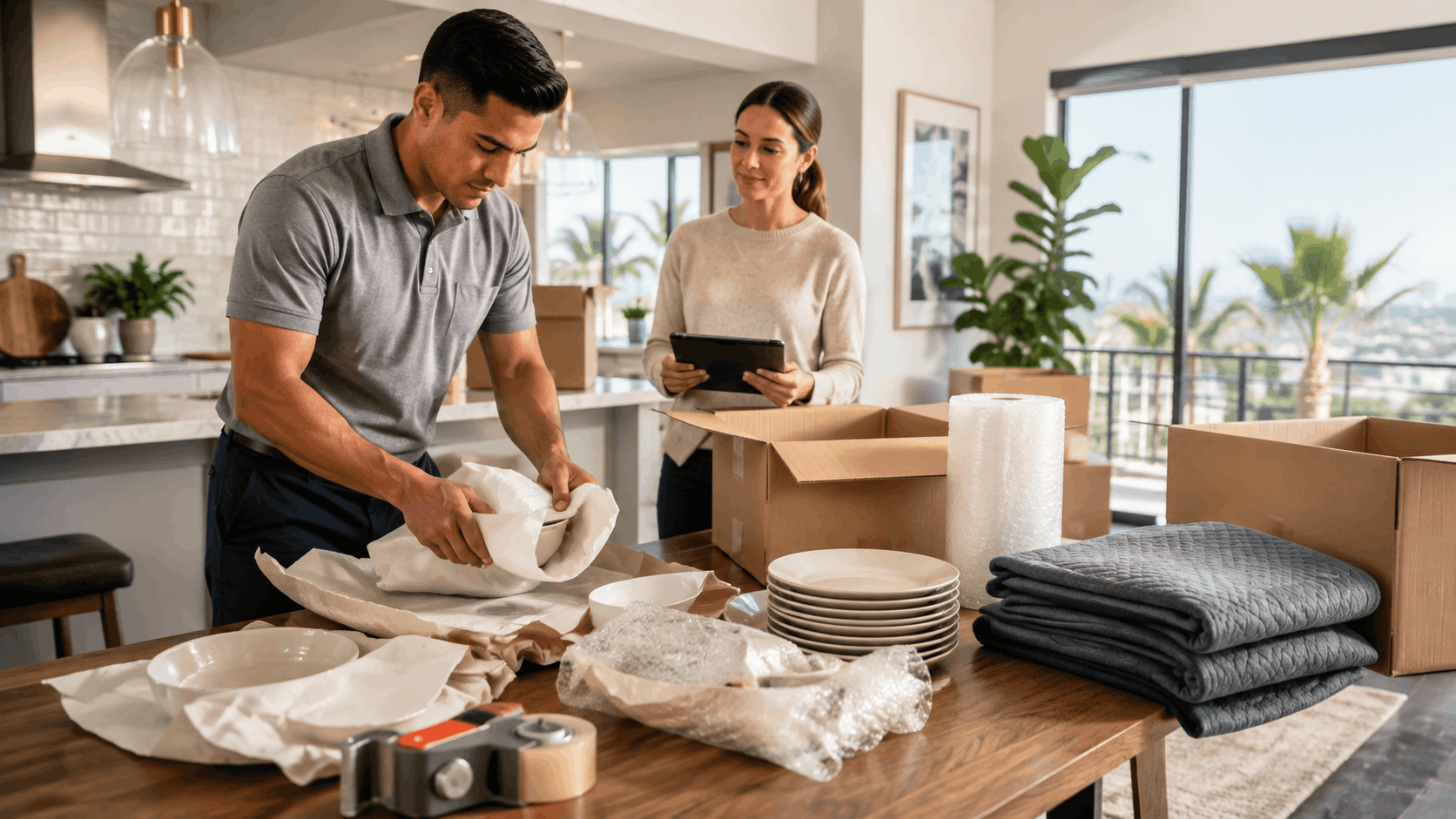 Couple packing dishes with bubble wrap and moving boxes in modern Los Angeles home