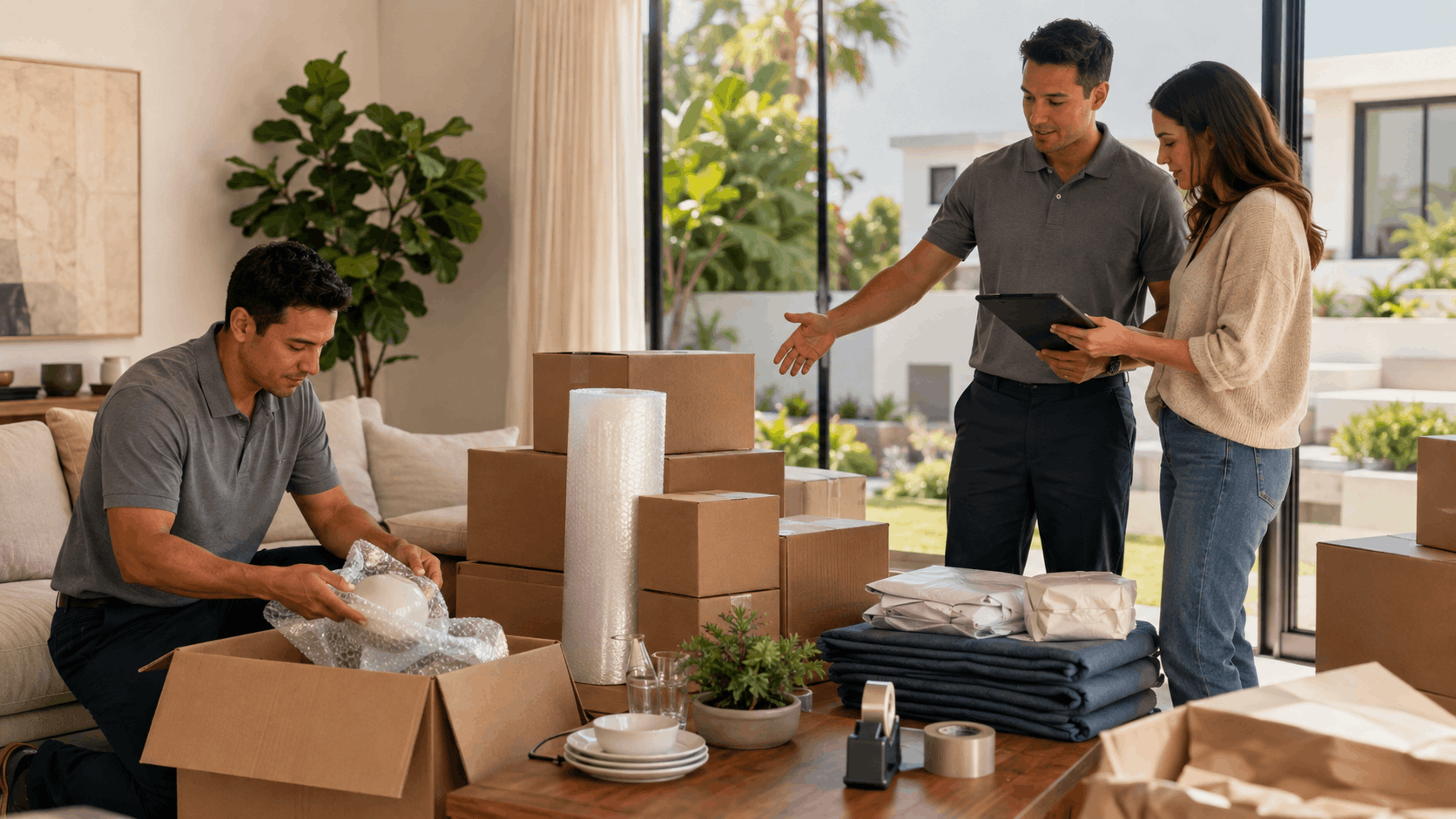 Two movers packing boxes with bubble wrap while homeowner reviews inventory checklist