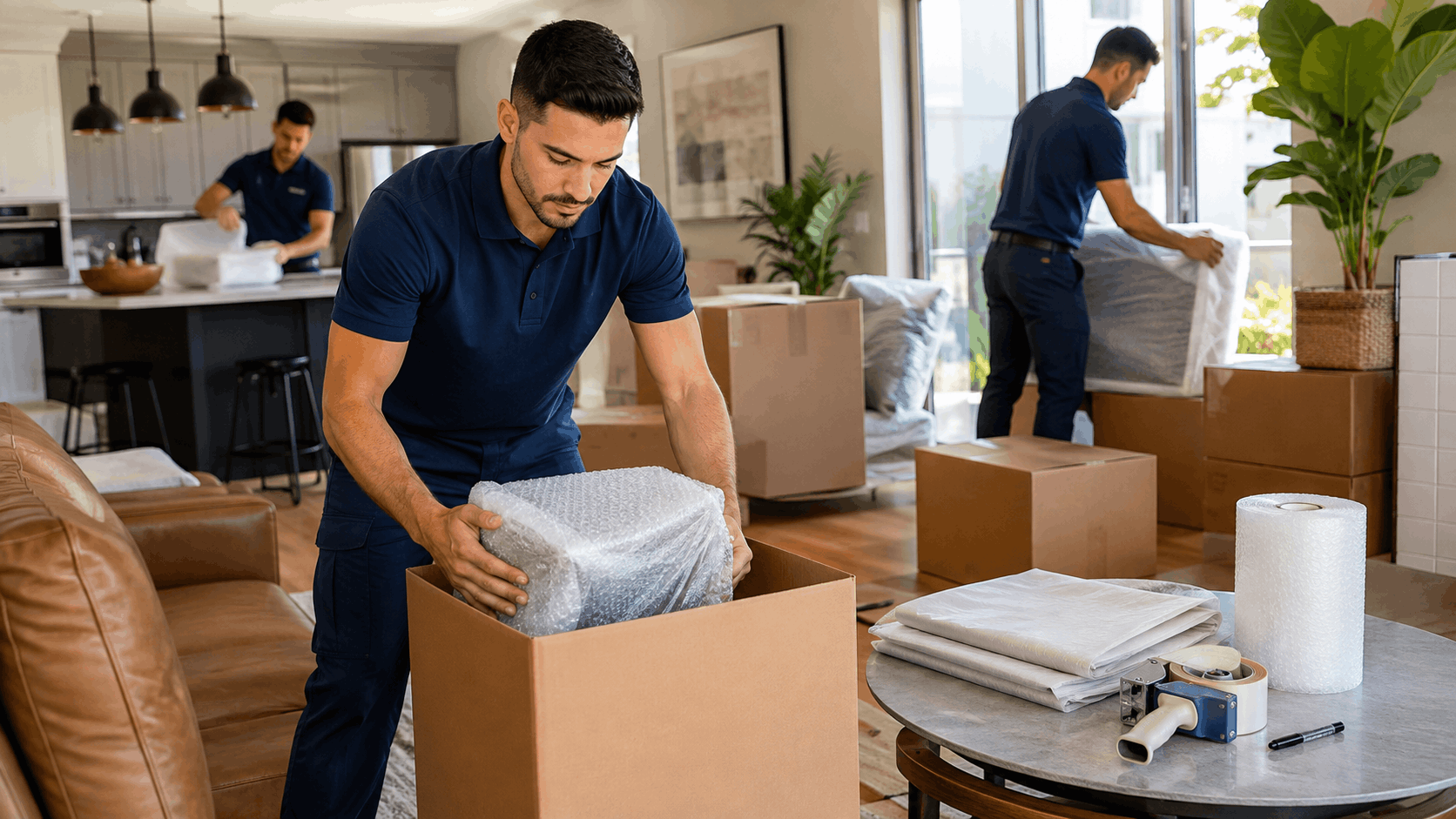 Professional Popeye Moving crew packing bubble-wrapped items in cardboard boxes Los Angeles home