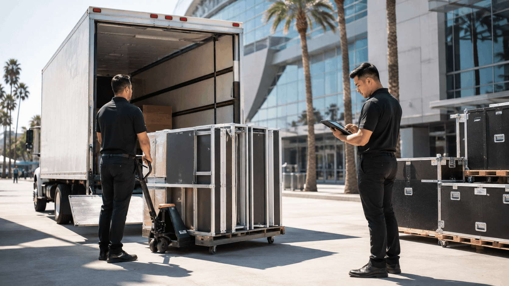 Two movers unloading trade show equipment cases from delivery truck in Los Angeles