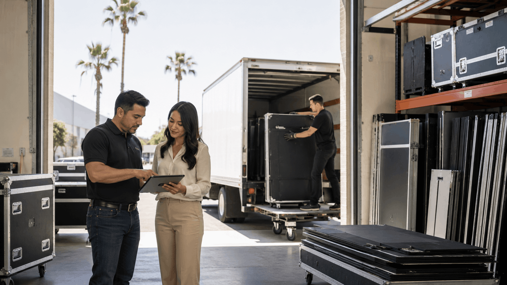 Two workers reviewing tablet while loading trade show booth cases into truck