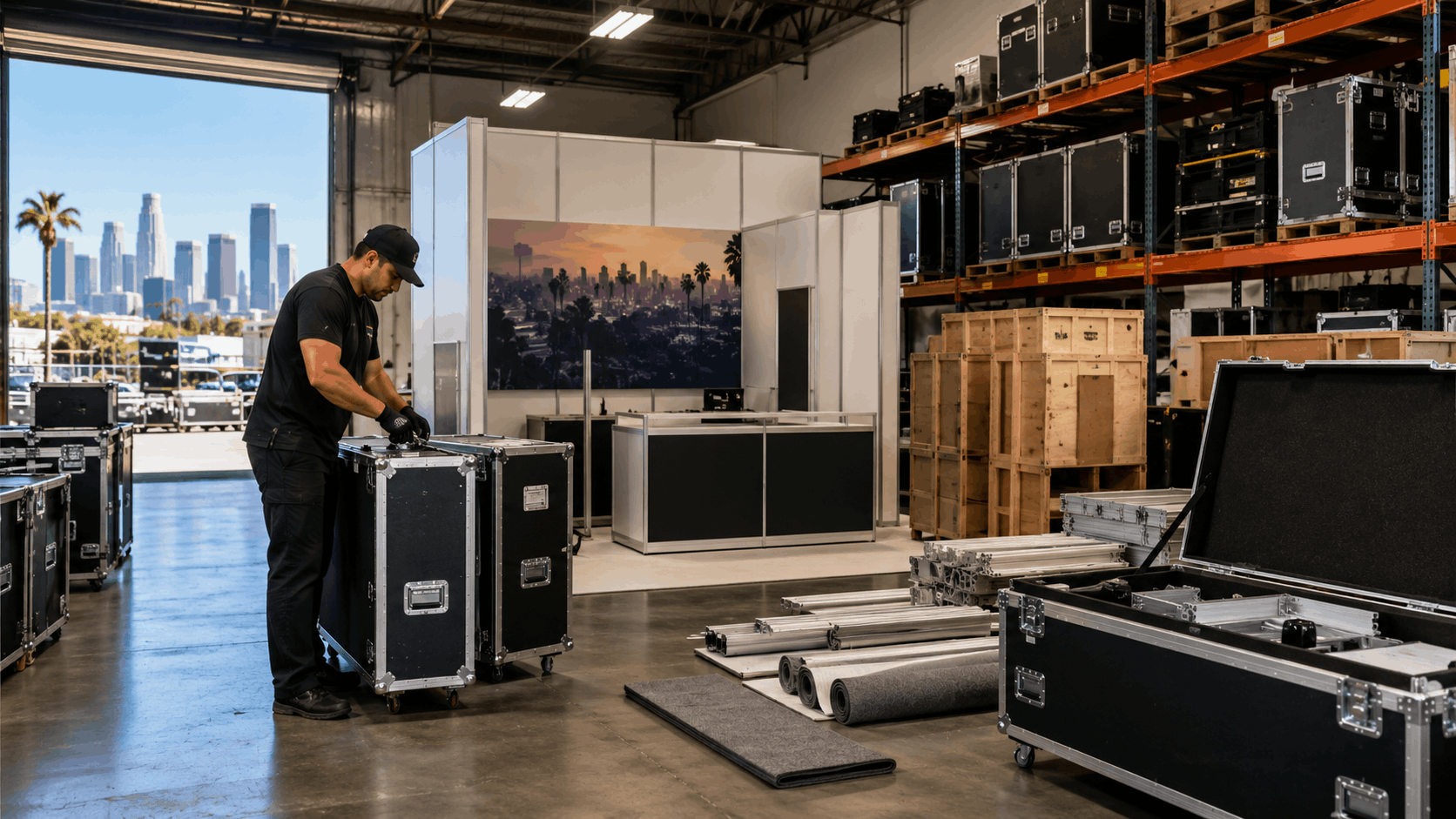 Los Angeles warehouse worker organizing trade show display cases and booth components