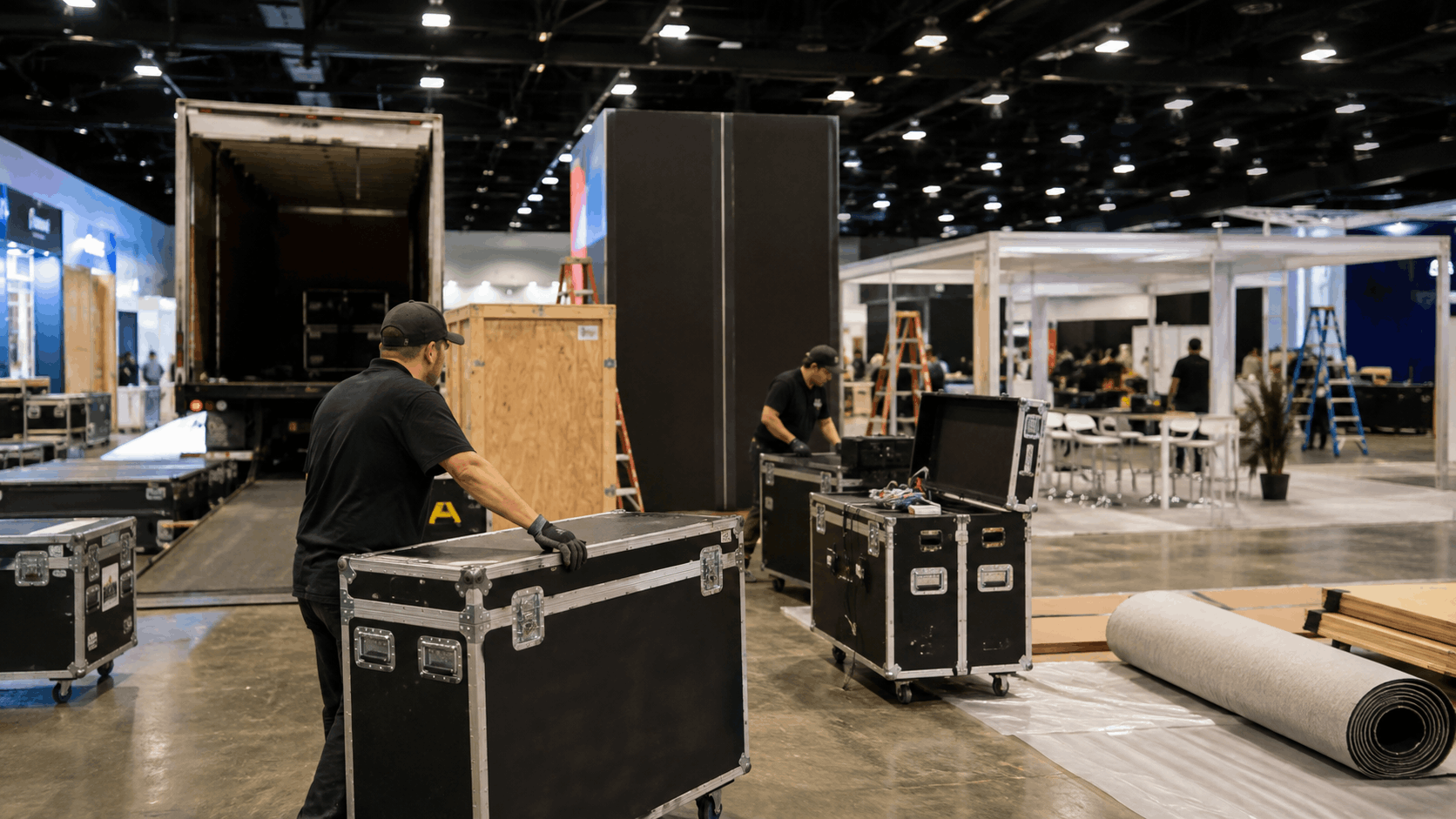 Workers in black uniforms setting up trade show exhibit booths with flight cases