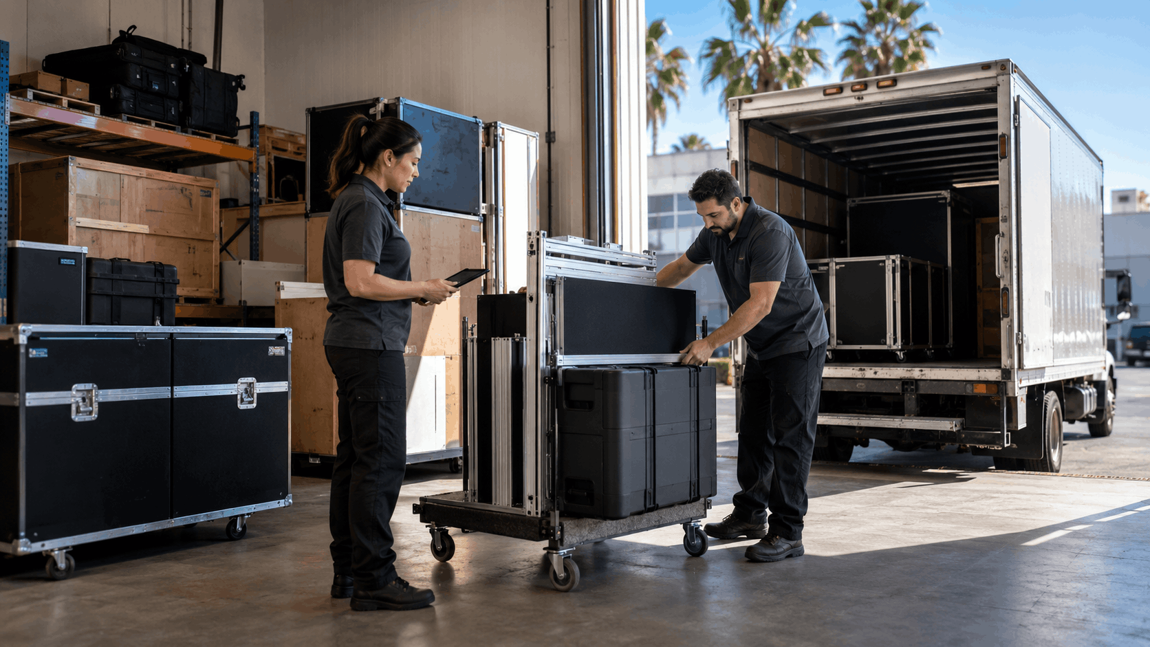 Two Popeye Moving workers loading black equipment cases onto delivery truck in Los Angeles warehouse